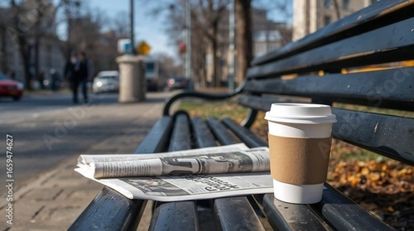 Fototapeta A bustling city park bench on a clear day, with a newspaper left open and a to-go coffee cup next to it.