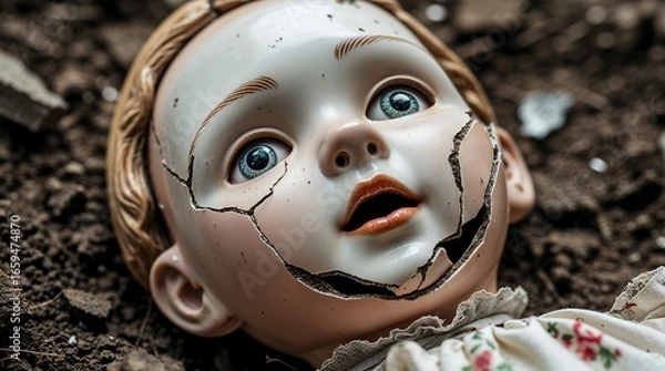 Fototapeta A close-up of a broken porcelain doll's face, lying in the dirt, its one remaining eye staring blankly upwards.