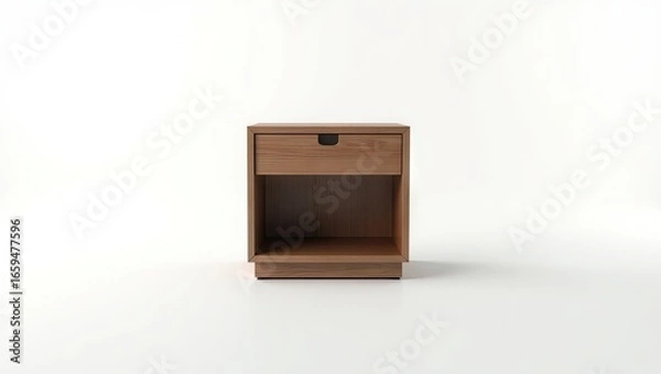 Obraz A simple, light-brown wooden nightstand, with a single drawer, presented against a plain white backdrop, showcasing its clean lines and minimalist design.