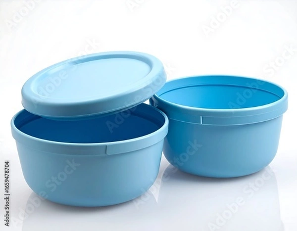 Fototapeta Two light-blue plastic containers, one with lid ajar, sit on a white background