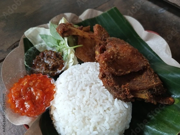 Fototapeta The traditional dish penyetan wader and Chicken refers to wader fish that is fried crispy and then crushed with spicy chili sauce, and traditional woven fish as a serving method or garnish. 