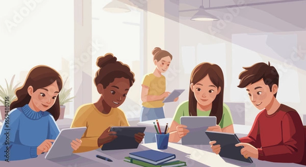 Fototapeta Students Use Digital Tablets in Modern Classroom