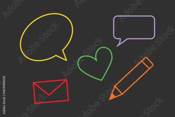 Obraz Set of arrow lines, speech bubbles, pencil highlighter and textured brush icons with cartoon heart shape, chalkboard frame sketch, vector illustration.