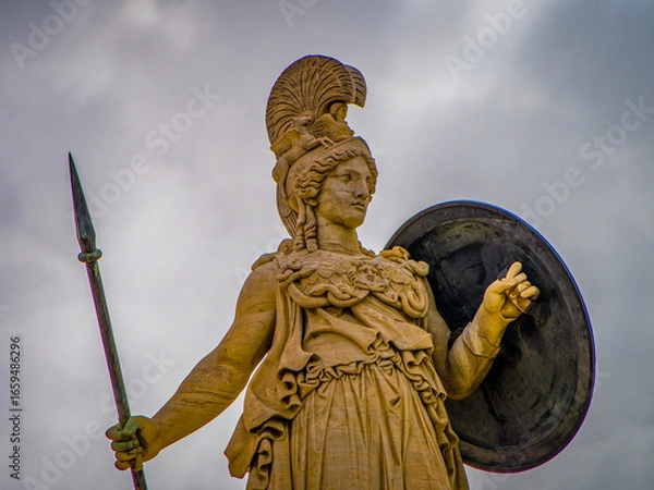 Fototapeta Finely crafted statue of Athena, the Greek goddess of wisdom and knowledge, with helmet, spear and a shield. Craftsmanship highlights the grace of the revered deity, set against a timeless backdrop.