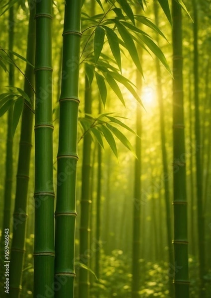 Fototapeta Serene bamboo forest with sunlight.