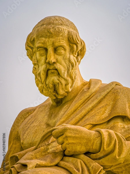 Fototapeta Seated marble statue of Plato, the ancient Greek philosopher, located in Athens, Greece. A classical representation of wisdom and intellectual heritage.