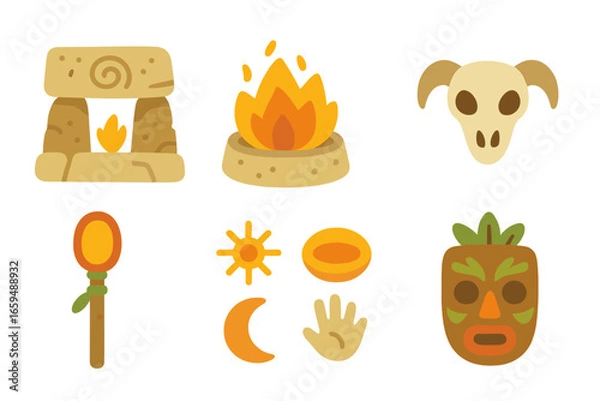 Fototapeta Ancient Altar Icons. Flat vector mini-illustrations ancient altar in colors children's illustrations: stone carvings, fire pit,