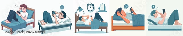 Obraz Flat Design Person Laying on Bed Using Phone Lifestyle Illustration