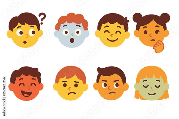 Obraz Children's Emotion Icons. Flat vector mini-illustrations map emotions in colors children's illustrations: curious face, surprised