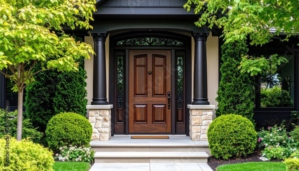 Fototapeta A dark wooden front door with carved details framed by stone pillars and greenery
