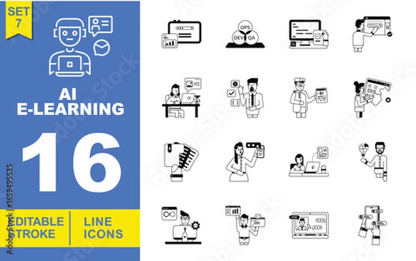 Fototapeta AI E-learning set of web icons in line style. Exclusive AI E-learning line icon collection. Containing student with laptop, tablet with chart, quality assurance (QA) diagram, and more. Editable stroke
