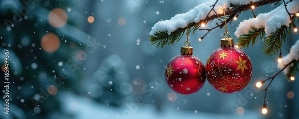 Fototapeta Ornate baubles, frosted branches, falling snow, background, snowy