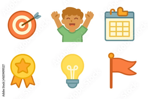 Fototapeta Learning Goals Icons. Flat vector mini-illustrations setting learning goals in colors children's illustrations: target board,