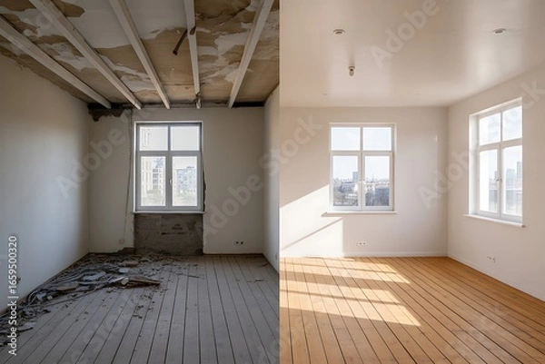Fototapeta Before and after renovation of an empty room with windows and wooden flooring