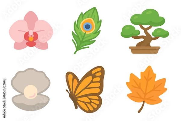 Obraz Nature Icons Grid. Flat vector mini-illustrations refined nature in colors children's illustrations: orchid flower, peacock