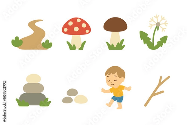 Fototapeta Whimsical Forest Icons. Flat vector mini-illustrations forest path with toadstools in colors children's illustrations: dirt trail,