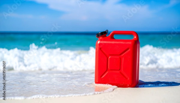 Fototapeta Red Gas Can Beach Ocean Waves.