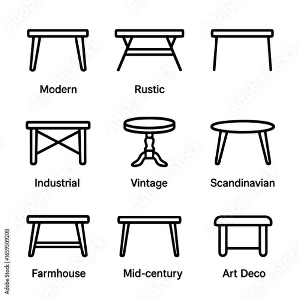 Fototapeta Table Style Icons. Outline icon set of table styles: modern, rustic, minimalist, industrial, vintage, Scandinavian, farmhouse, mid