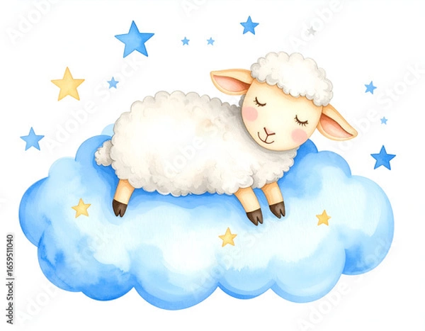 Obraz Sleepy Lamb on Cloud with Stars.