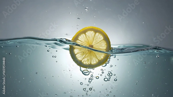 Obraz Refreshing Lemon Slice Submerged in Sparkling Water with Bubbles
