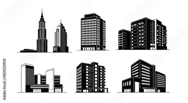 Fototapeta A collection of stylized black and white illustrations of urban buildings and skyscrapers.