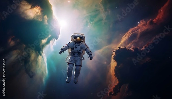 Fototapeta Astronaut Floating in Nebula Cosmic Adventure Exploration and Space Travel Concept with Starry Sky and Colorful Cloud Formations
