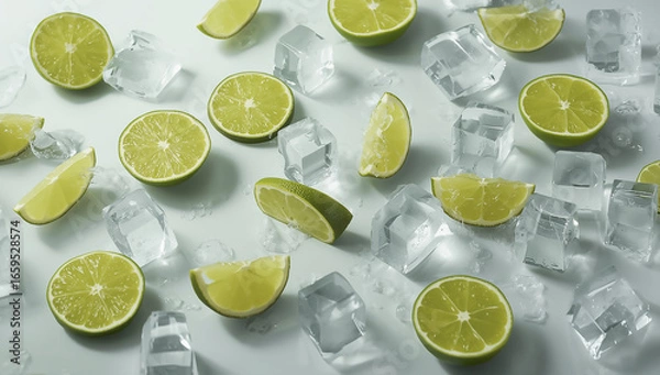 Obraz Fresh Lime Slices with Ice Cubes