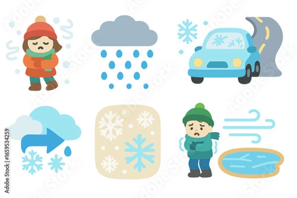 Fototapeta Winter Weather Icons. Flat vector mini-illustrations freezing in weather in colors children's illustrations: snowstorm, hail,