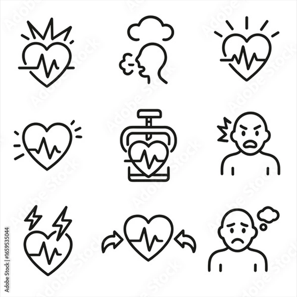 Fototapeta Anxiety Icon Set. Outline icon set of heartbeat in anxiety: panic attack, stress, hyperventilation, heart palpitations,