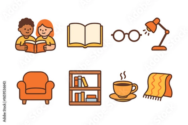 Fototapeta Reading Companions. Flat vector mini-illustrations two friends reading together in colors children's