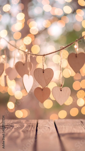 Obraz Wooden hearts bokeh background.