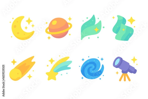 Fototapeta Celestial Icons Grid. Flat vector mini-illustrations shiny celestial in colors children's illustrations: glowing moon, shiny