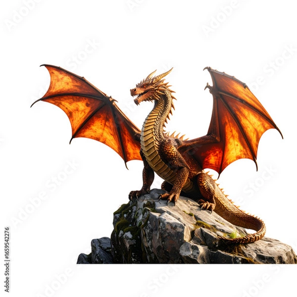 Obraz Majestic red dragon perched atop a rock. isolated on transparent png