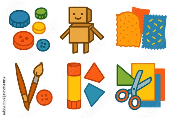 Fototapeta Upcycled Art Icons. Flat vector mini-illustrations Upcycled art using everyday items in colors children's