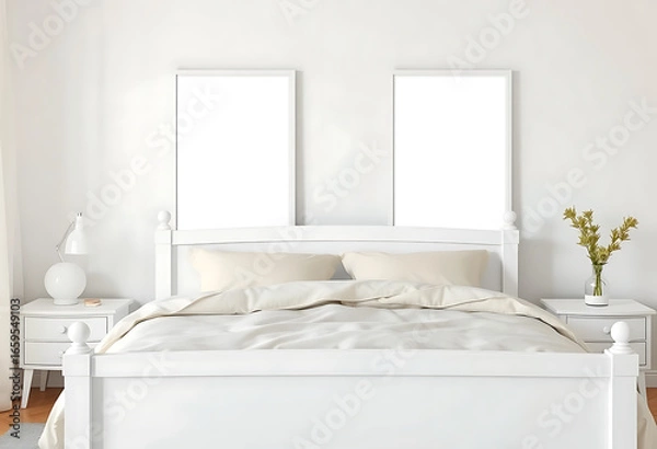 Fototapeta  A white Scandinavian bed frame, two ISO A poster mockups in slim white frames above, styled with pastel bedding and airy curtains.