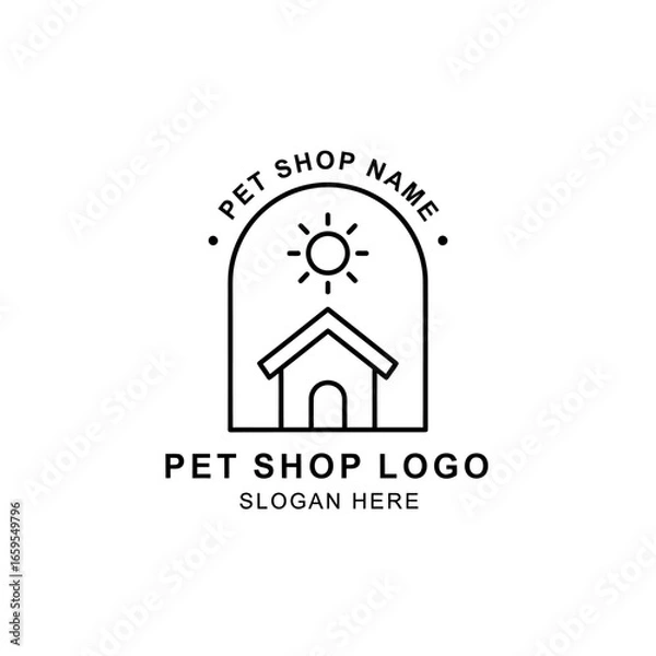 Fototapeta Minimalist line art logo for a pet shop featuring a dog house under a shining sun within an arch frame, with text placeholders.