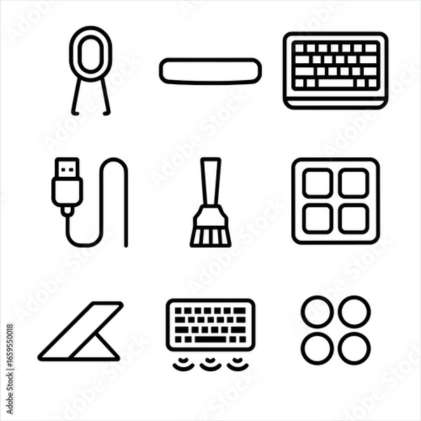 Fototapeta Keyboard Accessory Icons. Outline icon set of keyboard accessories: keycap puller, wrist rest, keyboard cover, USB cable, cleaning