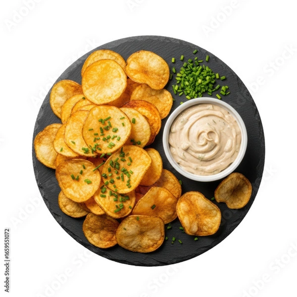Obraz Crispy golden kettle chips, creamy French onion dip in white ramekin, vibrant chives on rustic dark gray slate platter, top-down on transparent. Appetizing food photography concept