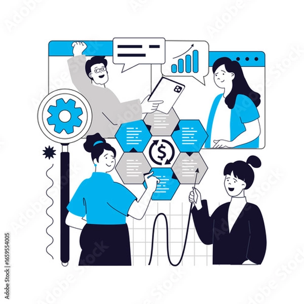 Fototapeta Statistics and analytics concept for modern web design. People analyzing financial data at charts and diagrams, discussing expertise reports, research and work in collaboration. Vector illustration.