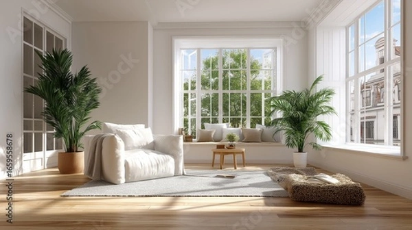 Fototapeta Bright minimalist living room with large windows, white sofa and armchair, plush cushions, indoor palms, hardwood floors, rug and a sunlit window seat with leafy outside view.
