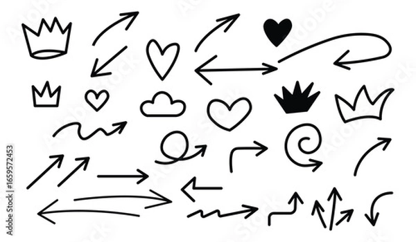 Obraz Hand drawn arrow set with crown, heart, cloud and underline. Brush stroke vector illustration.