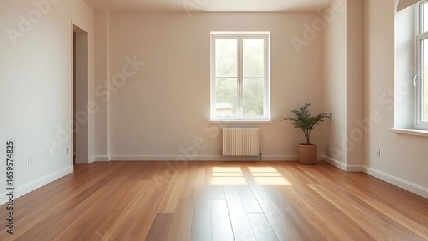 Fototapeta Minimalist mid-century modern living space with wooden floors and soft natural light from a window.