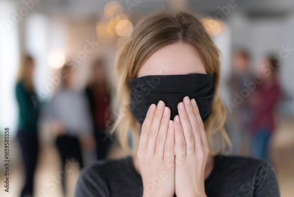 Fototapeta In un ufficio una donna in primo piano copre i proprio viso con una fascia nera per proteggere la sua identità