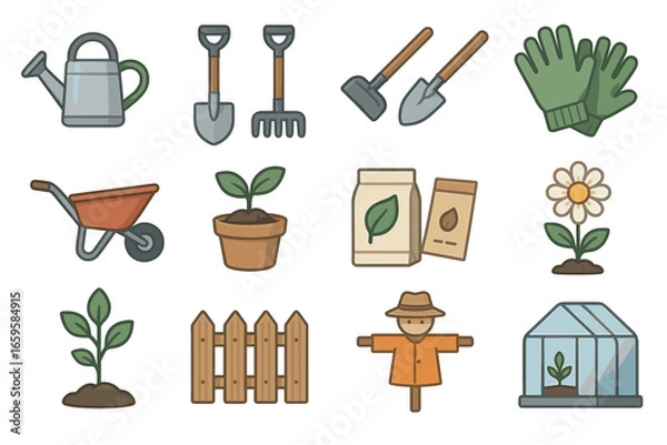 Fototapeta Garden tools and supplies icons set with plants and seedlings