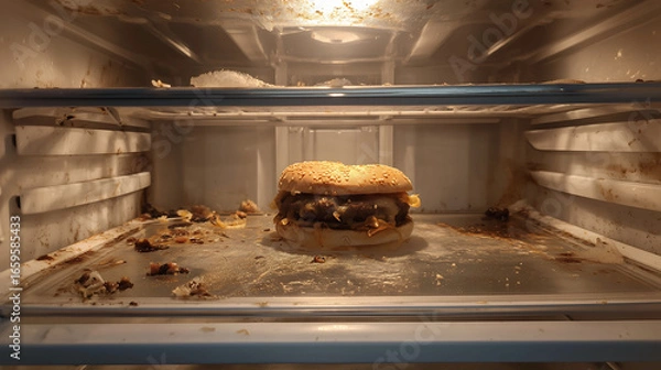 Fototapeta A rotten hamburger at the middle on the bottom of a empty fridge freezer