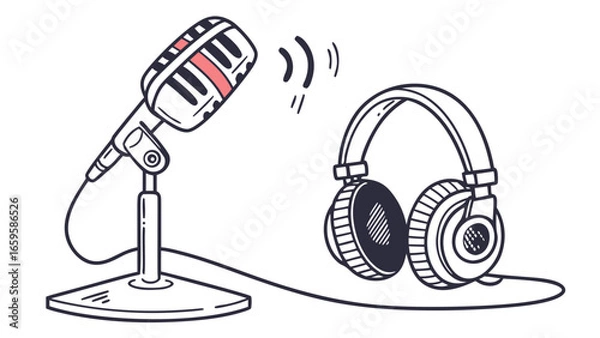 Fototapeta Illustration of a microphone with sound waves and headphones connected by a cable in black and white created with generated ai