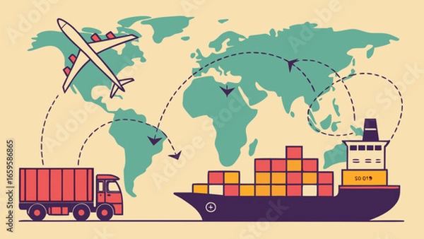 Fototapeta Global logistics network depicting air freight sea freight and ground transportation across a world map created with generated ai