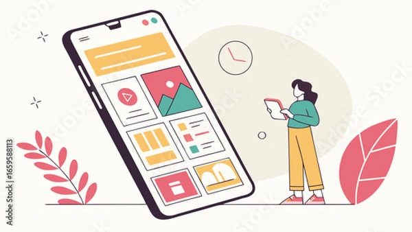 Fototapeta Woman with tablet standing near a large smartphone displaying multiple app interfaces and clock icon created with generated ai