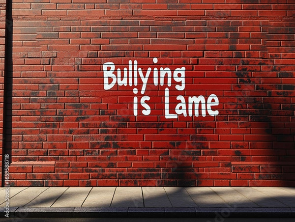 Fototapeta Stop bullying message painted on a red brick wall at a city sidewalk. Anti-bullying social issue message