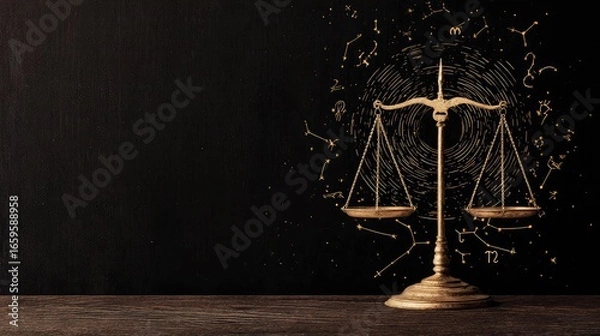 Fototapeta A golden balance scale on a dark wooden surface. The background features abstract golden patterns, symbolizing justice and fairness.